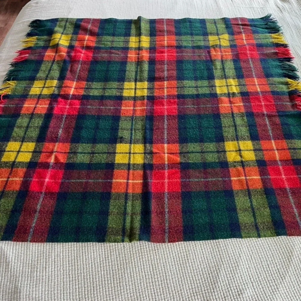 Vintage Tartan Plaid Wool Blanket Throw Fringe Red Green Yellow Blue Cozy 47x50